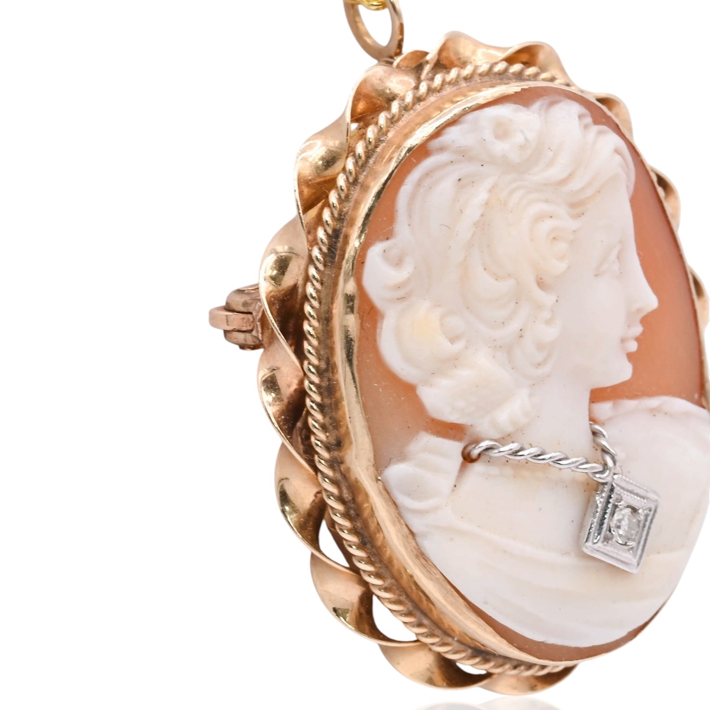 Lady in Necklace Cameo Pendant with Diamond 14K Yellow Gold with Pin Backing
