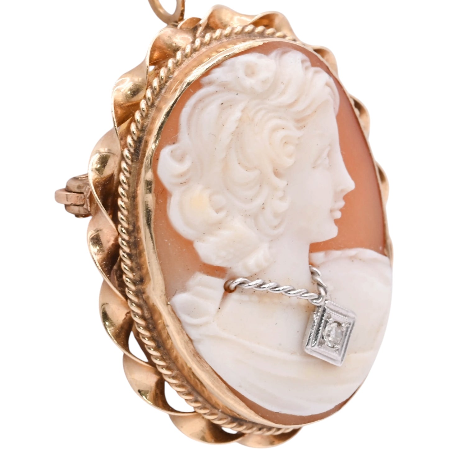 Lady in Necklace Cameo Pendant with Diamond 14K Yellow Gold with Pin Backing