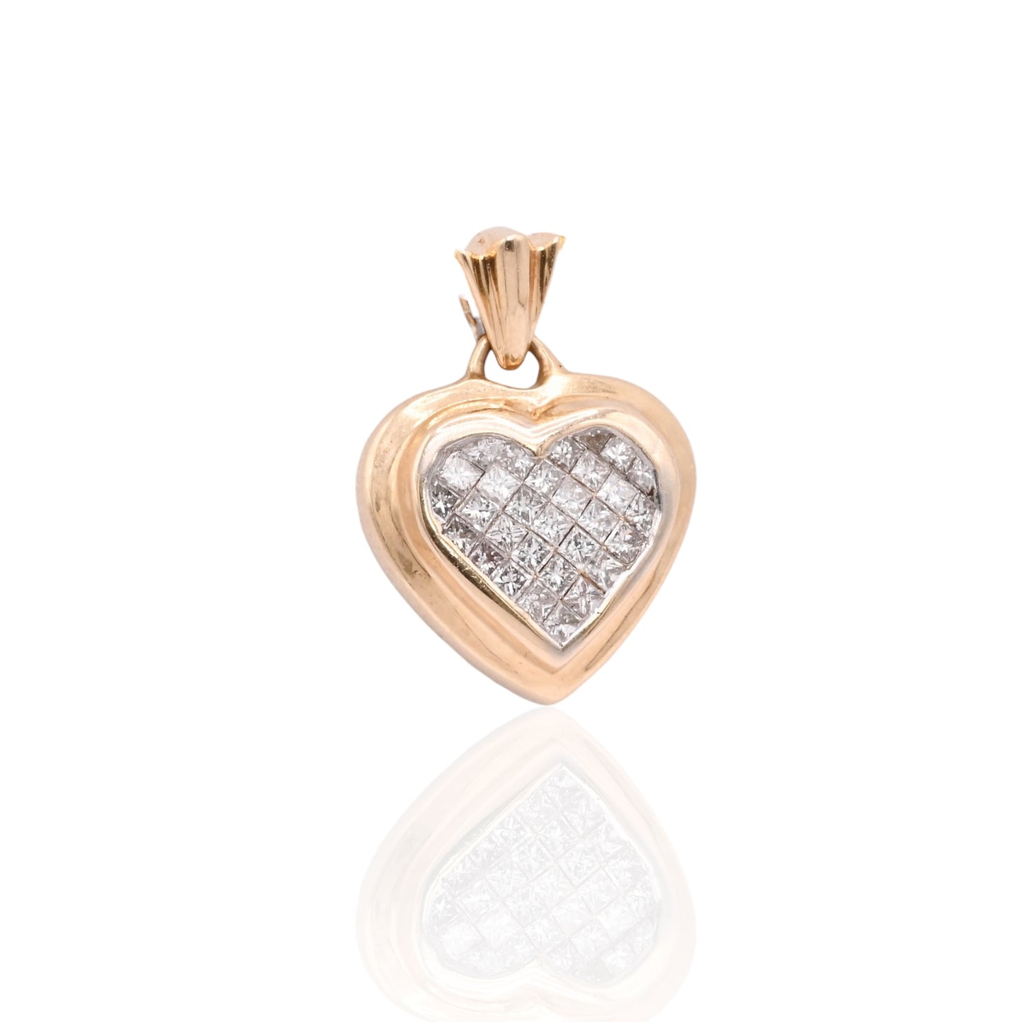 Princess Cut Diamond Heart Pendant 14K Yellow Gold with Floral Cutouts 0.232cttw
