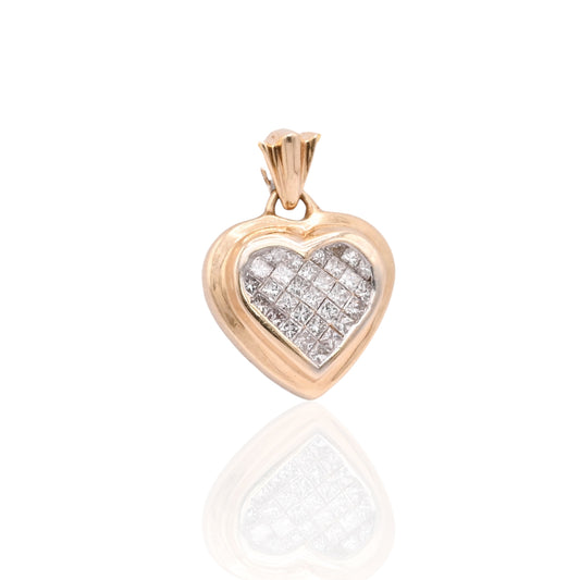 Princess Cut Diamond Heart Pendant 14K Yellow Gold with Floral Cutouts 0.232cttw