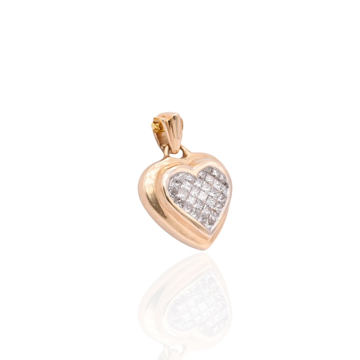 Princess Cut Diamond Heart Pendant 14K Yellow Gold with Floral Cutouts 0.232cttw