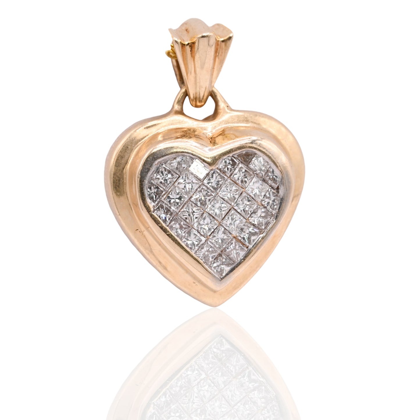 Princess Cut Diamond Heart Pendant 14K Yellow Gold with Floral Cutouts 0.232cttw