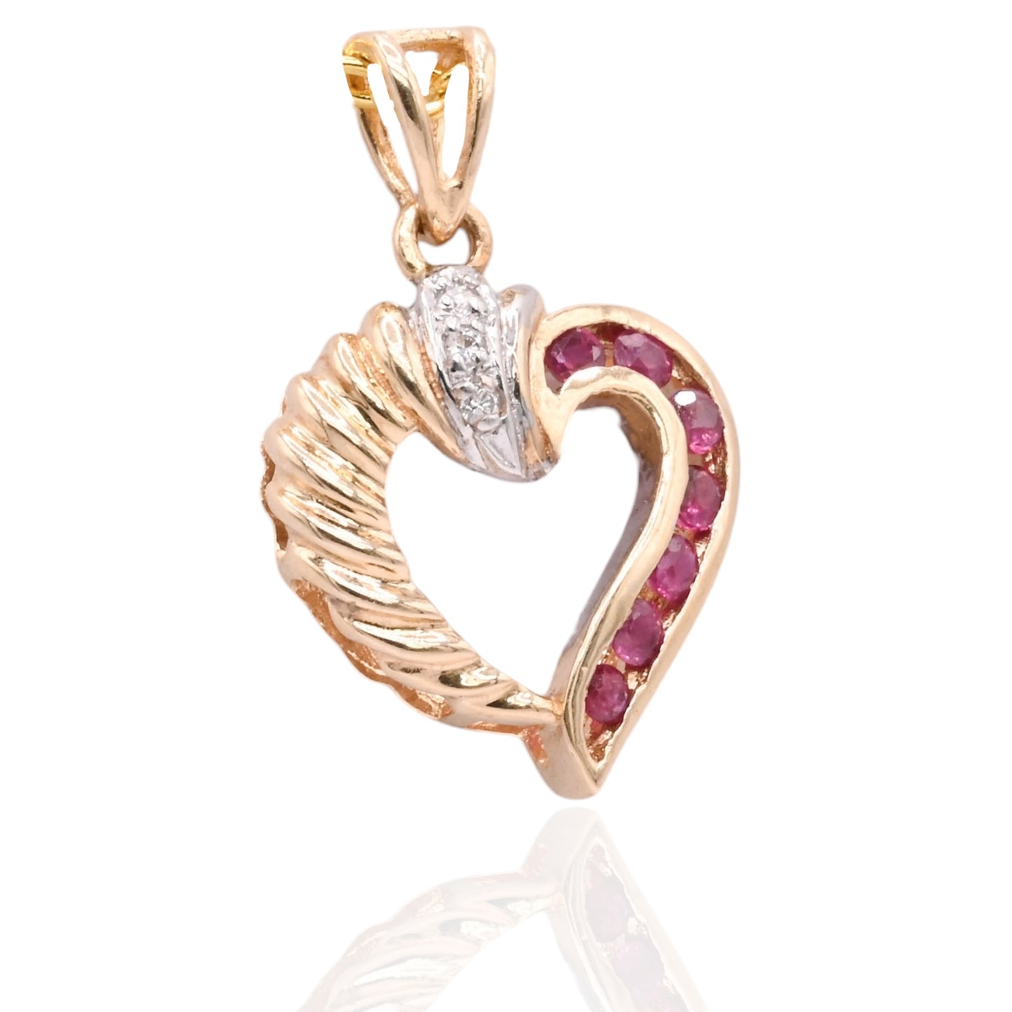 Diamond and Ruby Heart Twist Pendant Two Tone 14K Yellow Gold and 14K White Gold 0.03cttw)