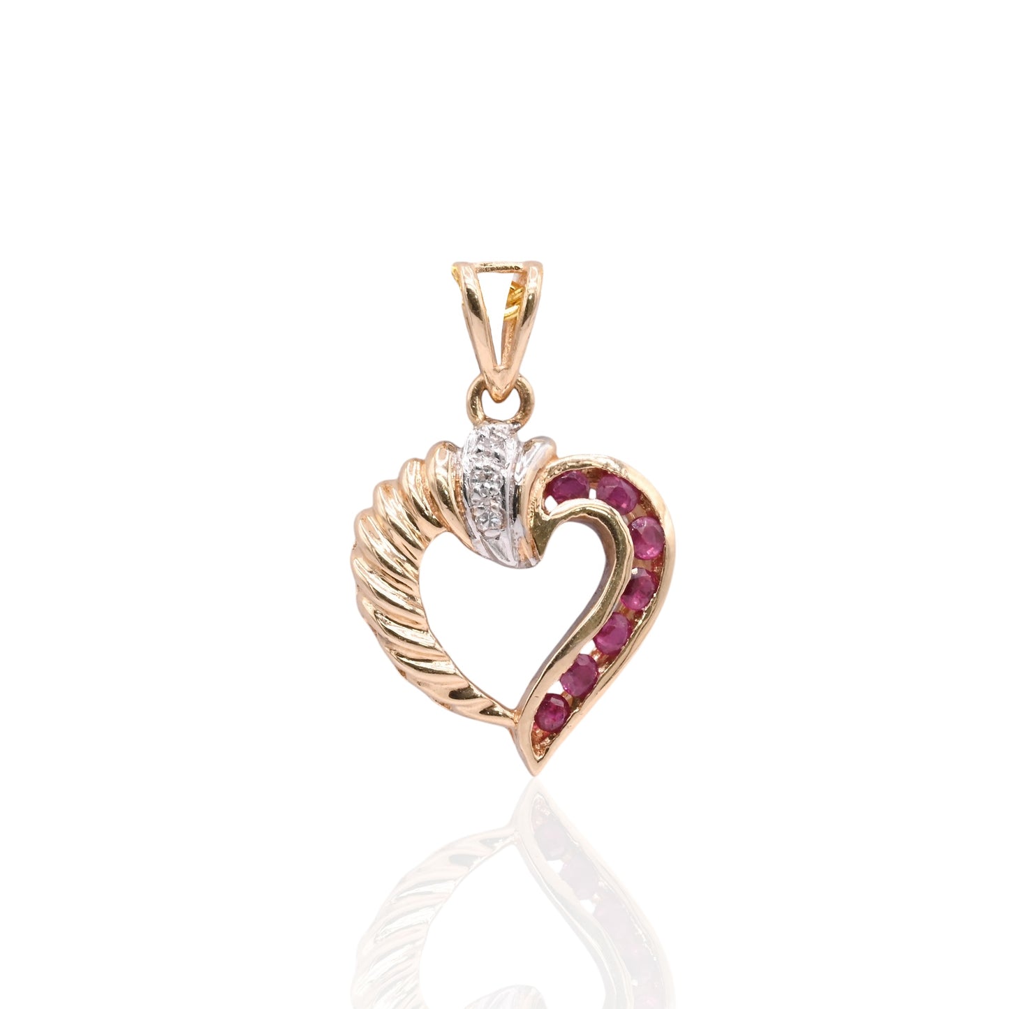 Diamond and Ruby Heart Twist Pendant Two Tone 14K Yellow Gold and 14K White Gold 0.03cttw)