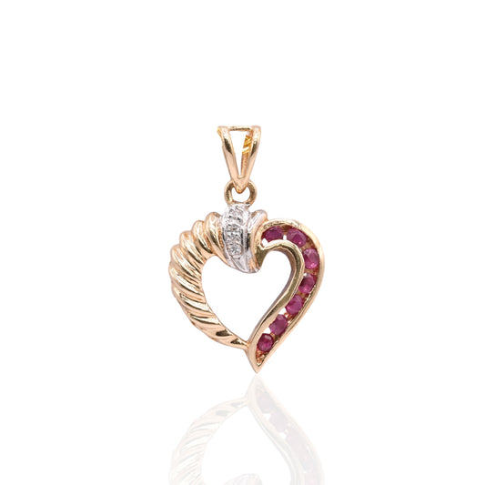 Diamond and Ruby Heart Twist Pendant Two Tone 14K Yellow Gold and 14K White Gold 0.03cttw)