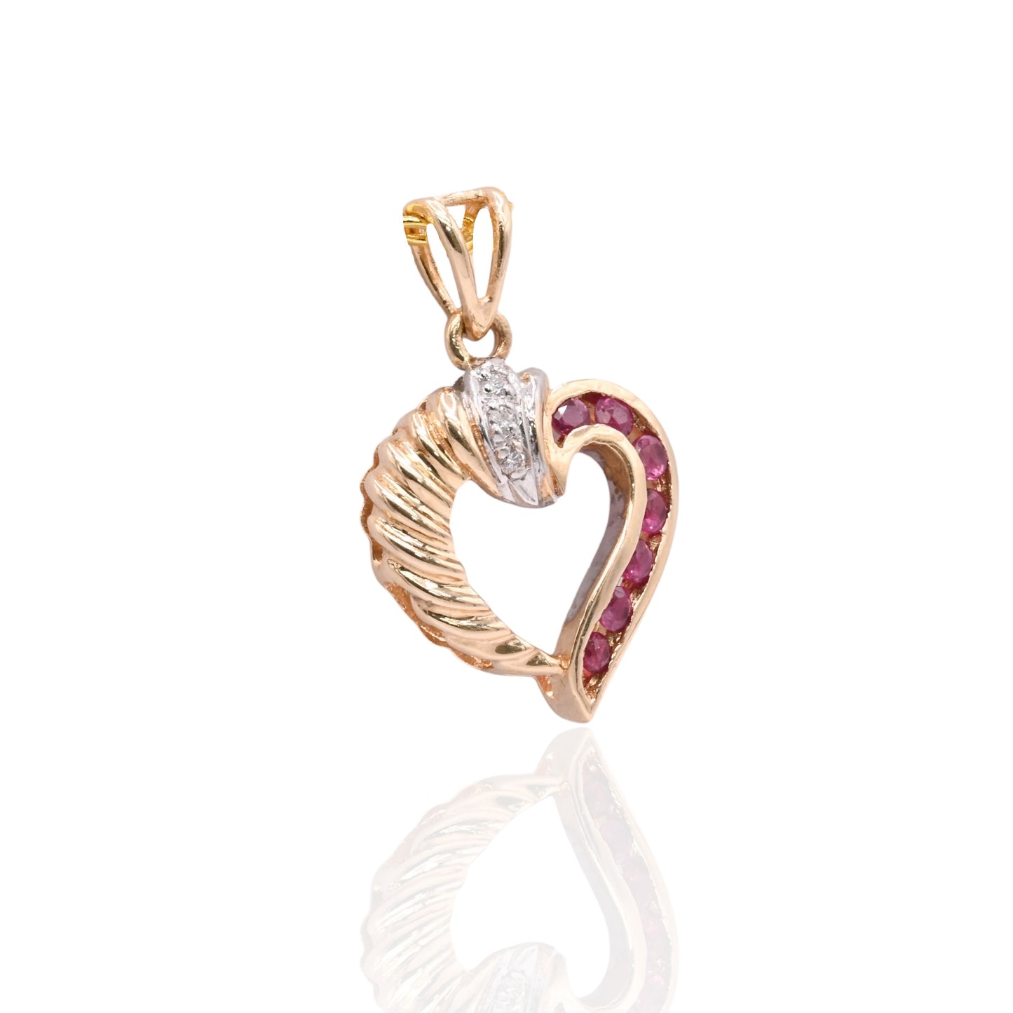 Diamond and Ruby Heart Twist Pendant Two Tone 14K Yellow Gold and 14K White Gold 0.03cttw)