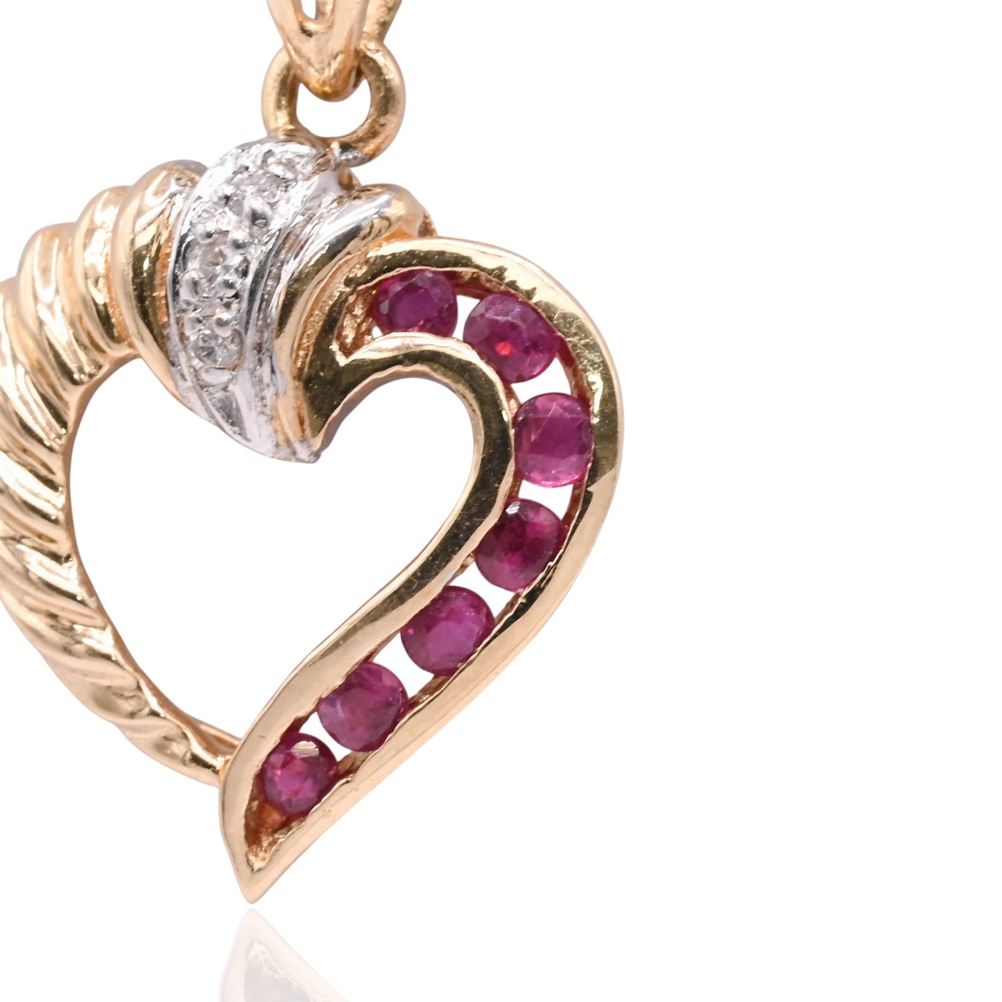 Diamond and Ruby Heart Twist Pendant Two Tone 14K Yellow Gold and 14K White Gold 0.03cttw)