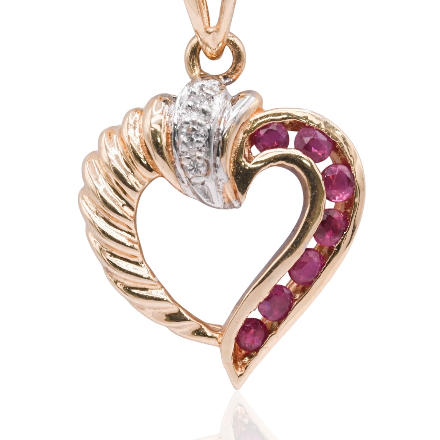 Diamond and Ruby Heart Twist Pendant Two Tone 14K Yellow Gold and 14K White Gold 0.03cttw)