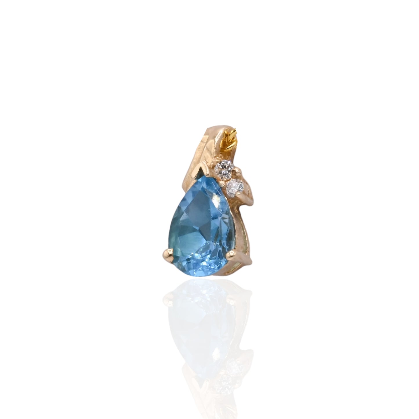 Pear-Shaped Blue Topaz Pendant with Side Diamonds 14K Yellow Gold