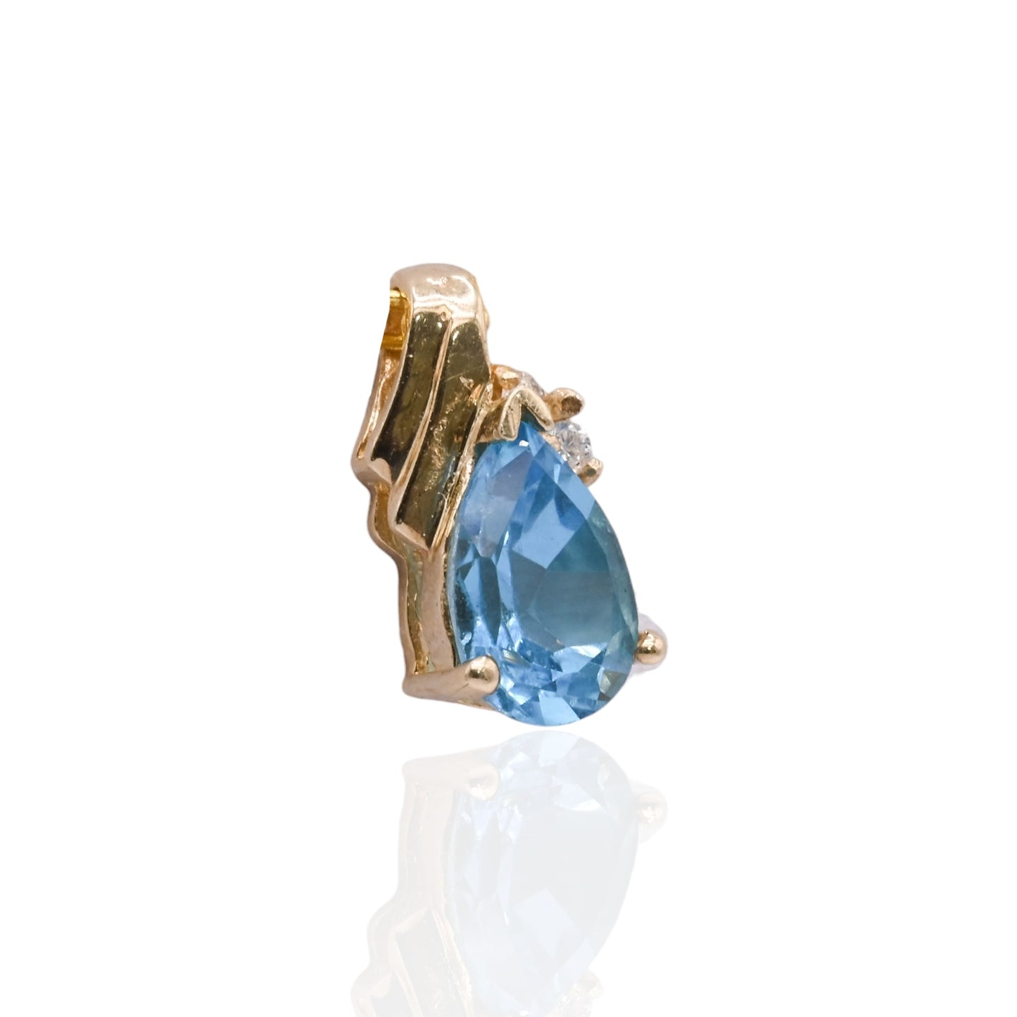 Pear-Shaped Blue Topaz Pendant with Side Diamonds 14K Yellow Gold