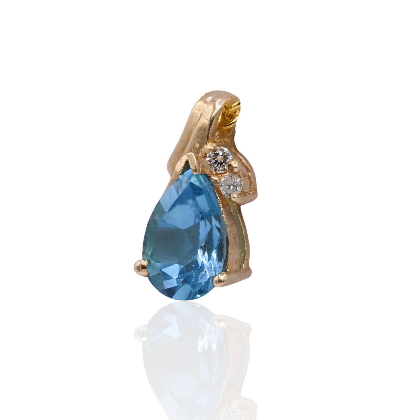 Pear-Shaped Blue Topaz Pendant with Side Diamonds 14K Yellow Gold