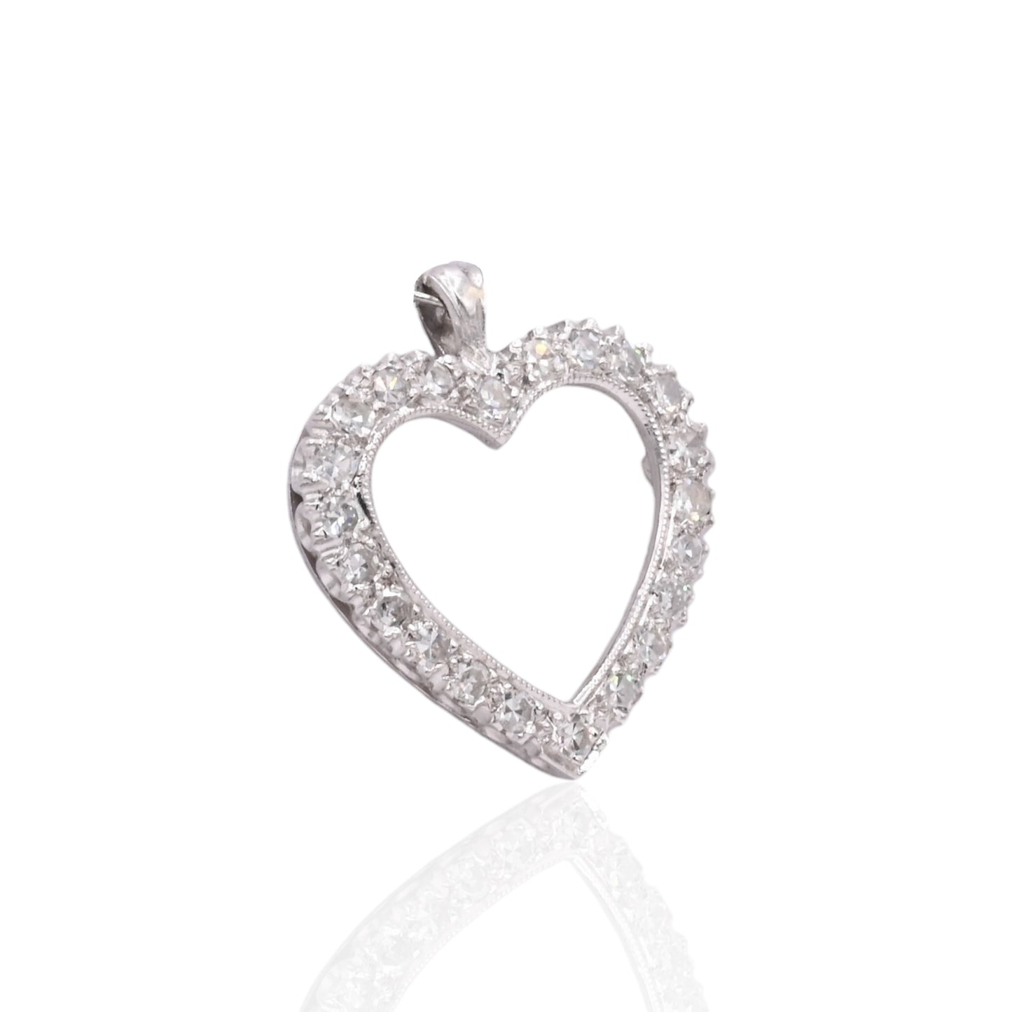 Open Diamond Heart Pendant European Cut Diamonds 14K White Gold with Open Center 0.33cttw