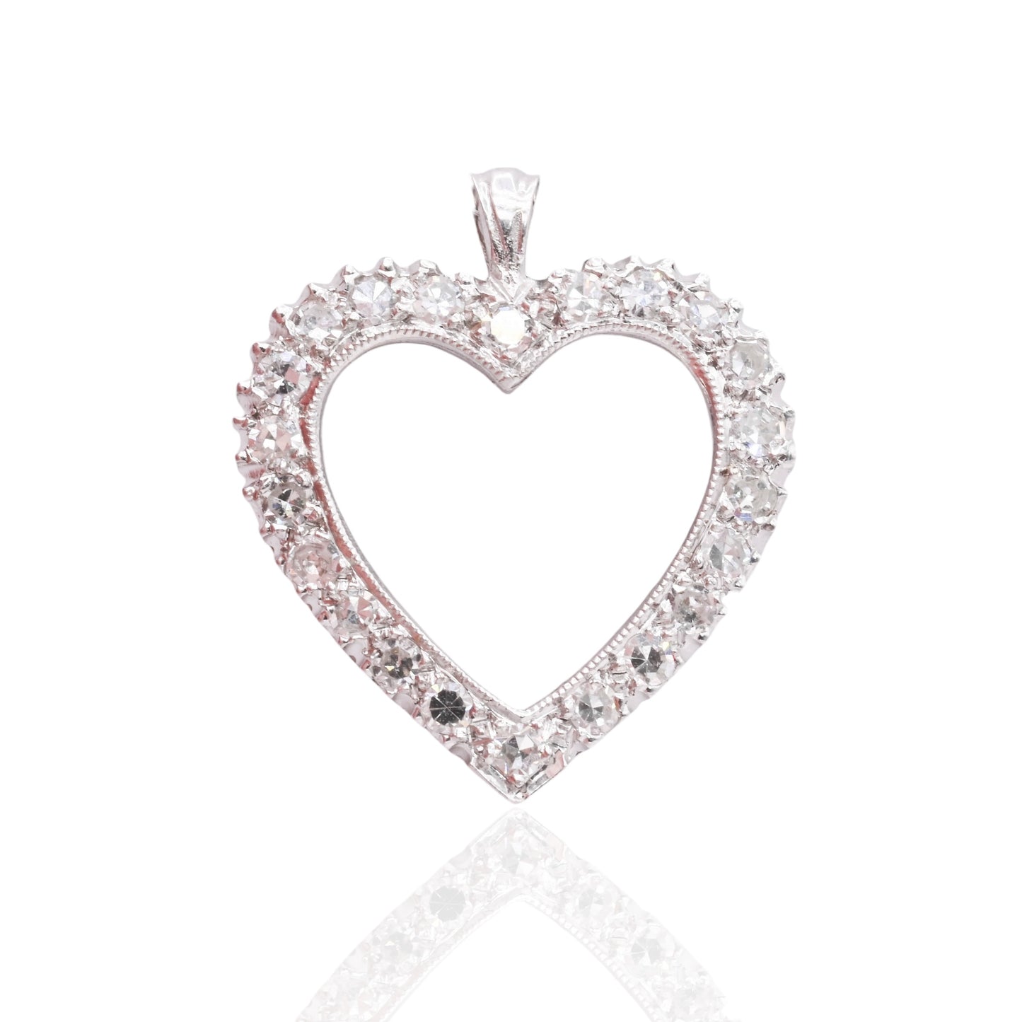 Open Diamond Heart Pendant European Cut Diamonds 14K White Gold with Open Center 0.33cttw