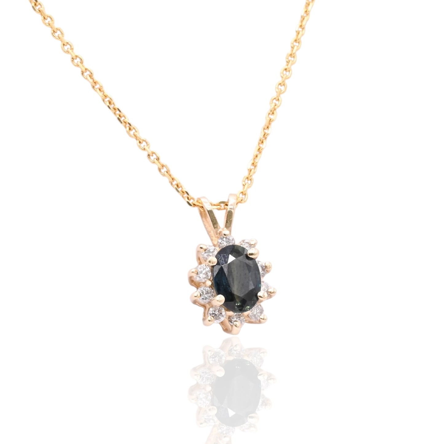 Color Zone Sapphire Flower Necklace with Diamond Halo 14K Yellow Gold 18in