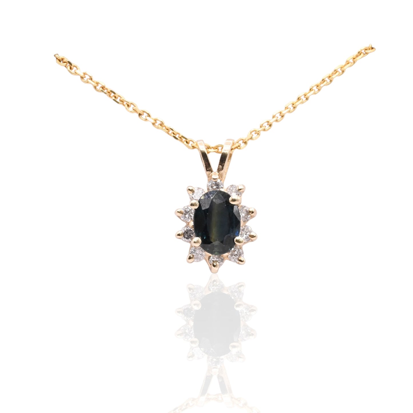 Color Zone Sapphire Flower Necklace with Diamond Halo 14K Yellow Gold 18in