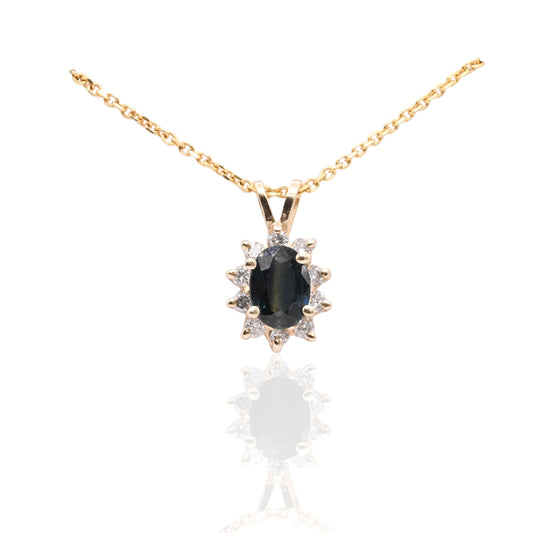 Color Zone Sapphire Flower Necklace with Diamond Halo 14K Yellow Gold 18in