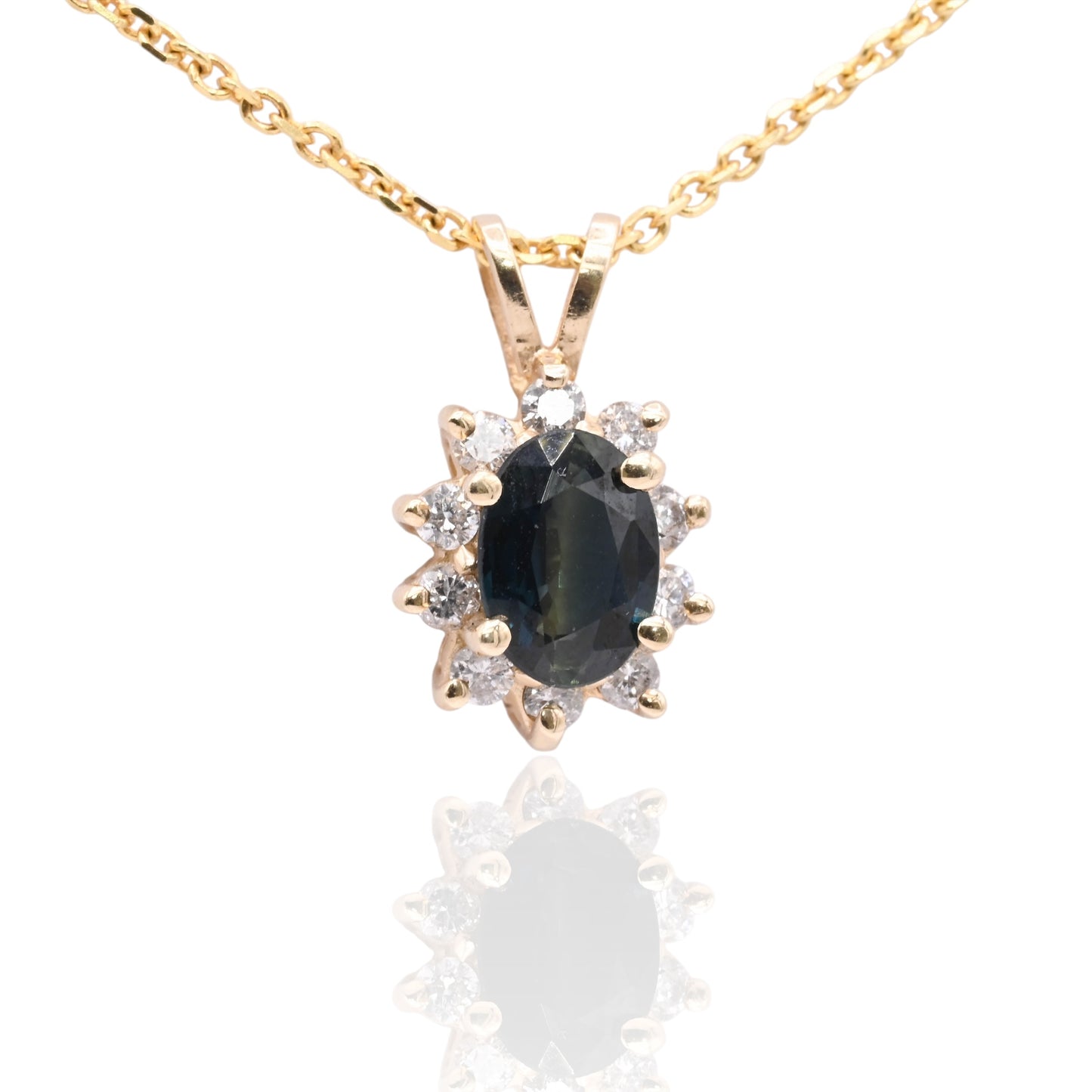 Color Zone Sapphire Flower Necklace with Diamond Halo 14K Yellow Gold 18in