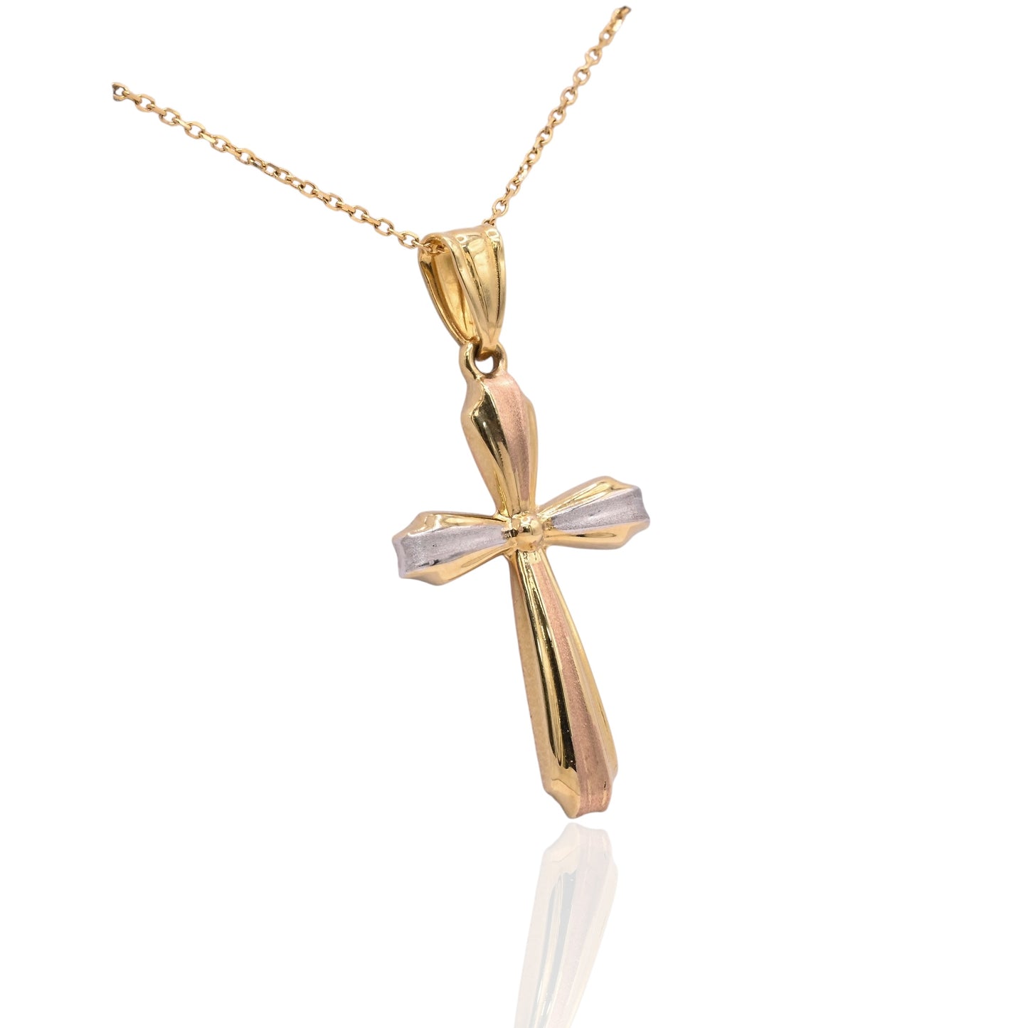 Tri-Color Ribboned Cross Necklace 14K Yellow Gold, 14K Rose Gold, 14K White Gold 18in