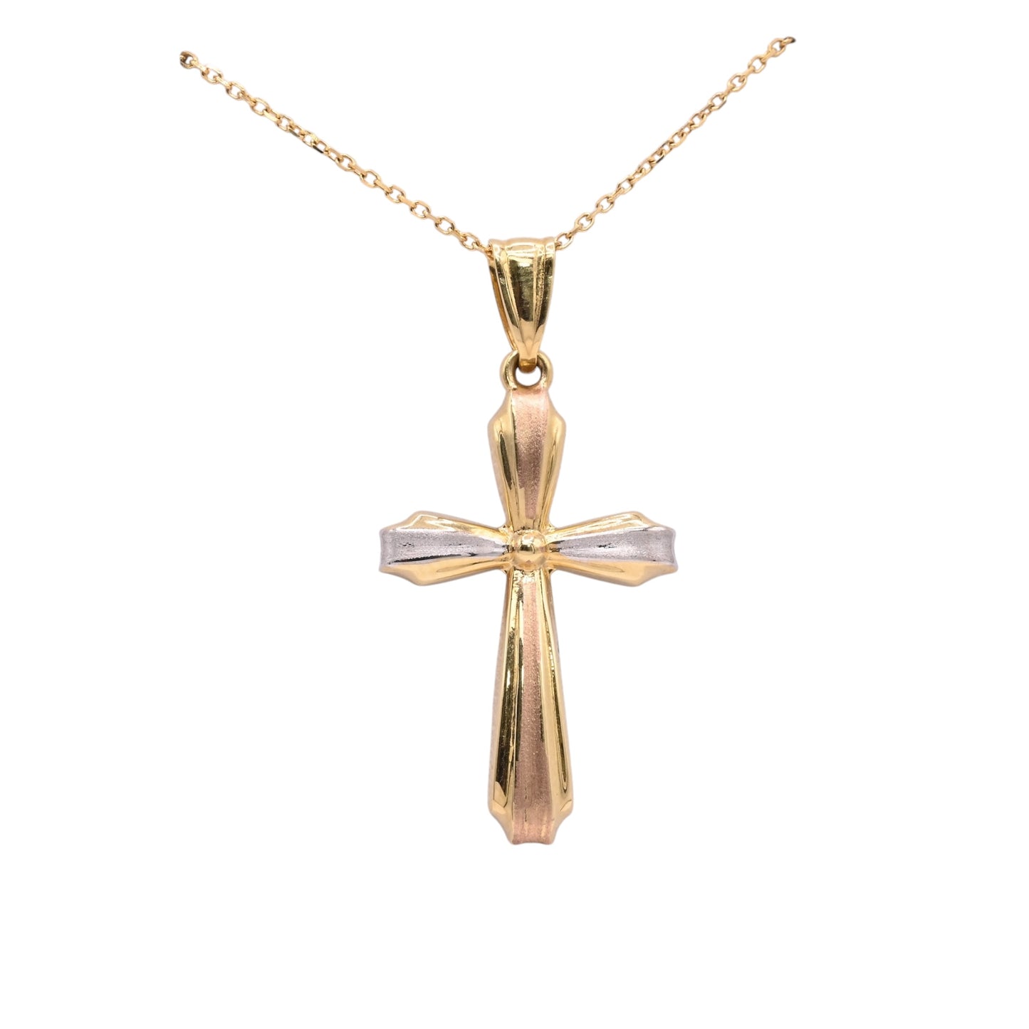 Tri-Color Ribboned Cross Necklace 14K Yellow Gold, 14K Rose Gold, 14K White Gold 18in