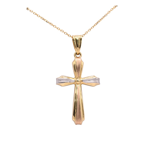 Tri-Color Ribboned Cross Necklace 14K Yellow Gold, 14K Rose Gold, 14K White Gold 18in
