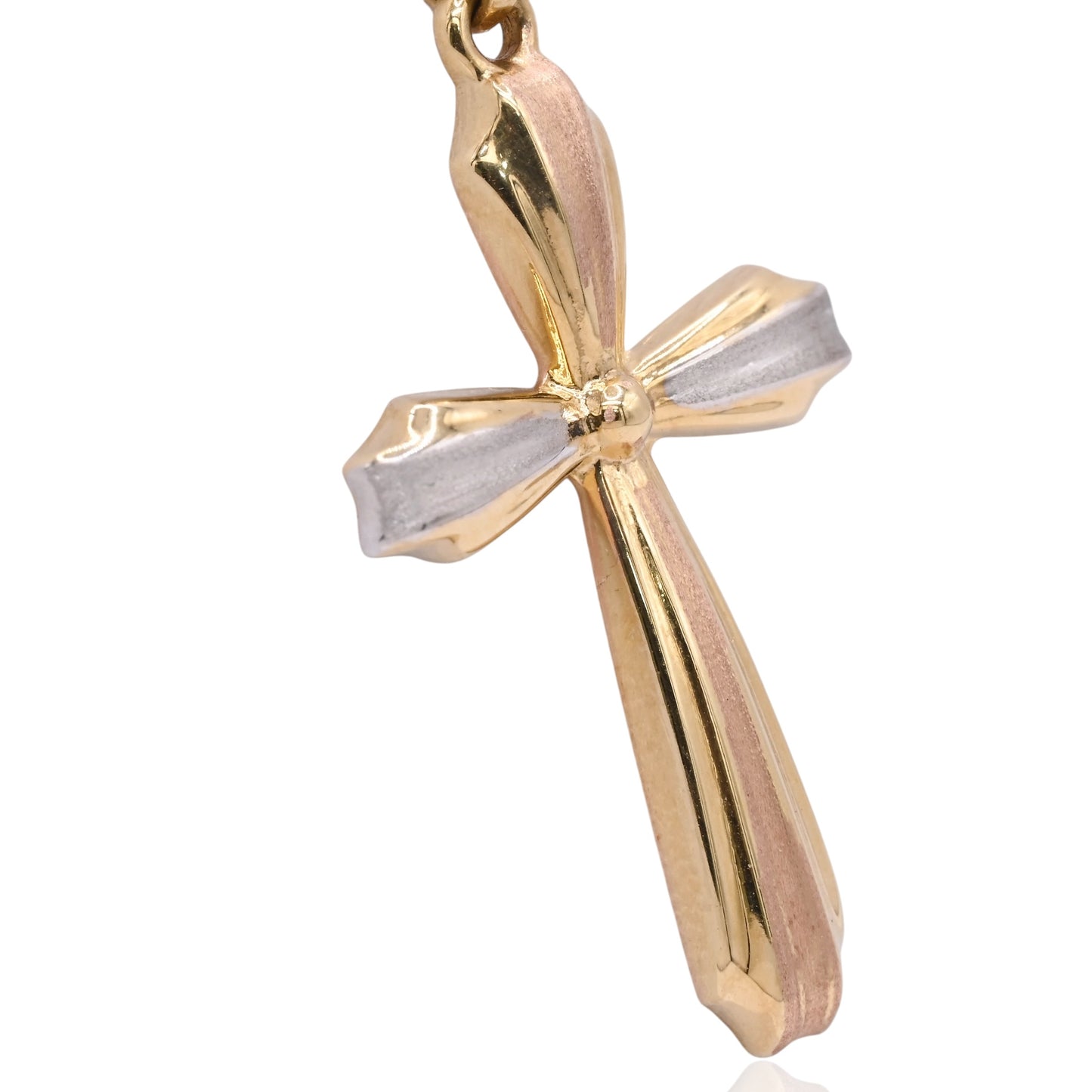 Tri-Color Ribboned Cross Necklace 14K Yellow Gold, 14K Rose Gold, 14K White Gold 18in