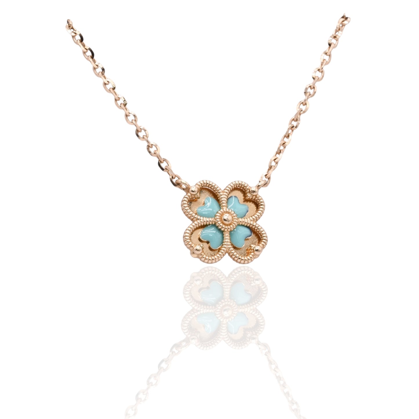 Four Leaf Clover Turquoise Enamel Necklace 14K Yellow Gold with Adjustable Diamond Cut Chain 16.5in and 17.5in