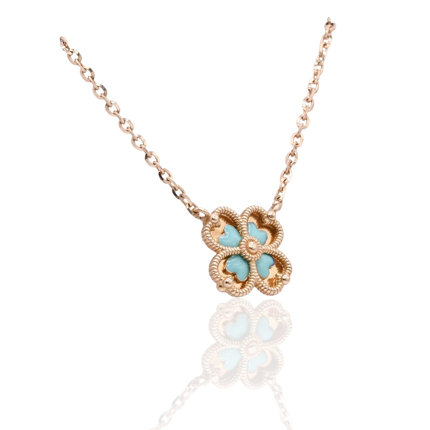 Four Leaf Clover Turquoise Enamel Necklace 14K Yellow Gold with Adjustable Diamond Cut Chain 16.5in and 17.5in