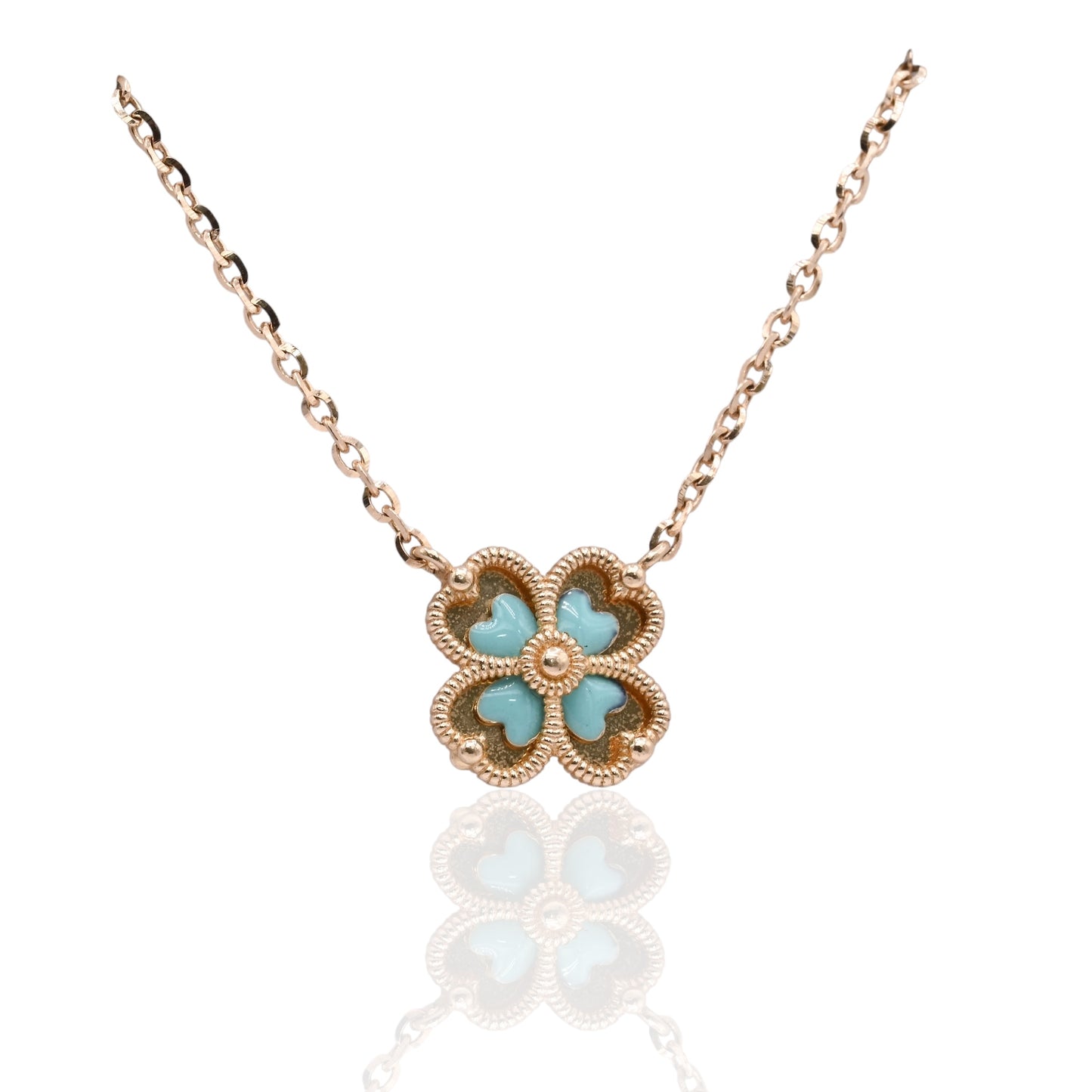 Four Leaf Clover Turquoise Enamel Necklace 14K Yellow Gold with Adjustable Diamond Cut Chain 16.5in and 17.5in