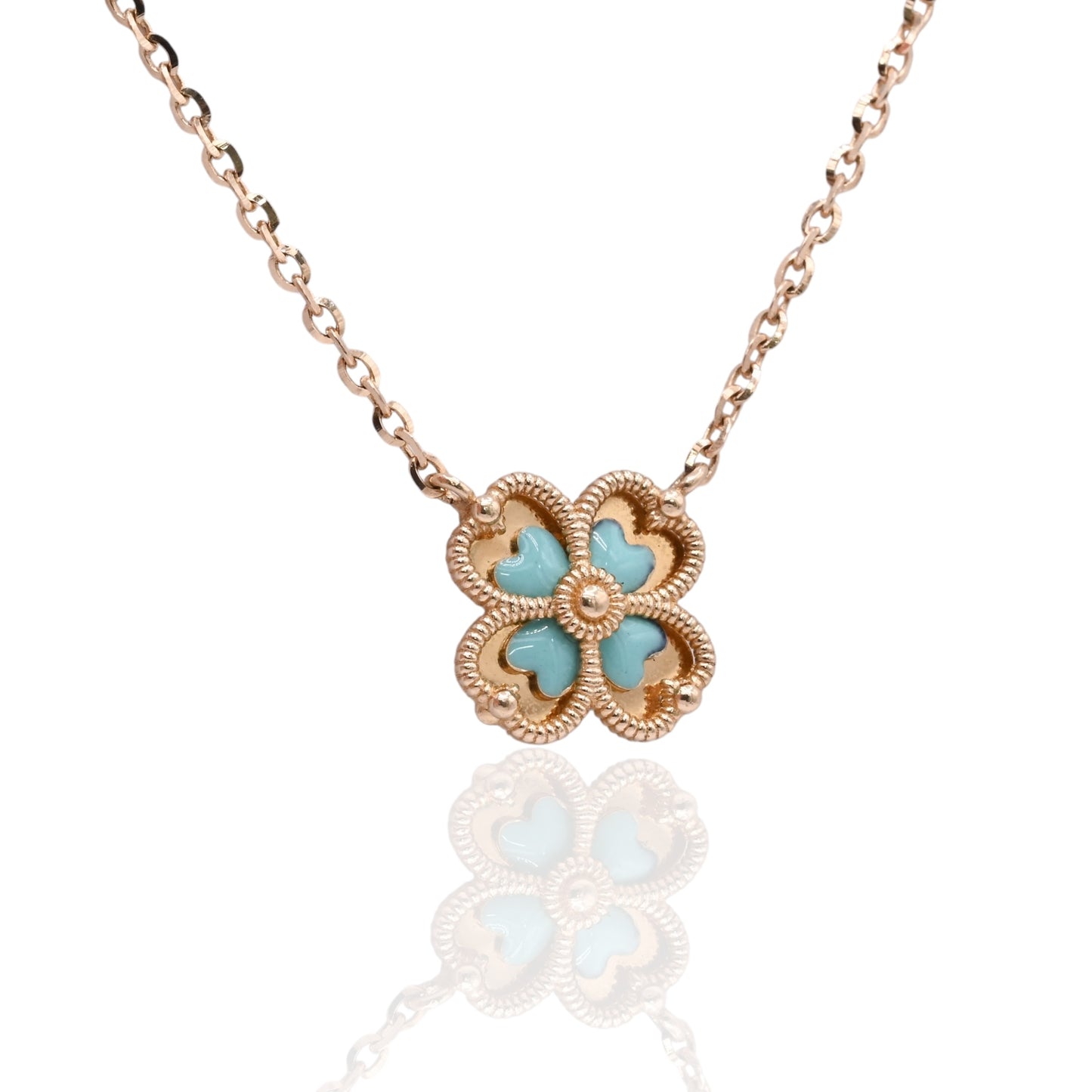 Four Leaf Clover Turquoise Enamel Necklace 14K Yellow Gold with Adjustable Diamond Cut Chain 16.5in and 17.5in