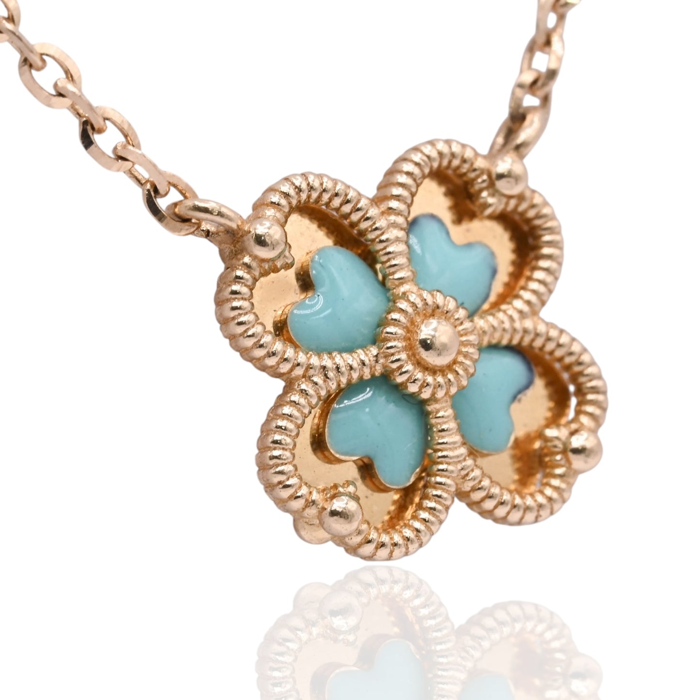 Four Leaf Clover Turquoise Enamel Necklace 14K Yellow Gold with Adjustable Diamond Cut Chain 16.5in and 17.5in