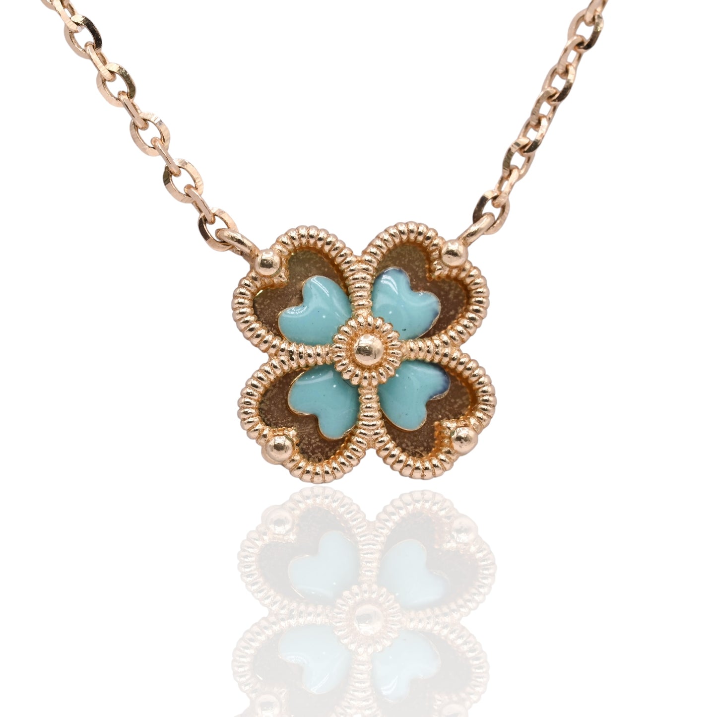 Four Leaf Clover Turquoise Enamel Necklace 14K Yellow Gold with Adjustable Diamond Cut Chain 16.5in and 17.5in