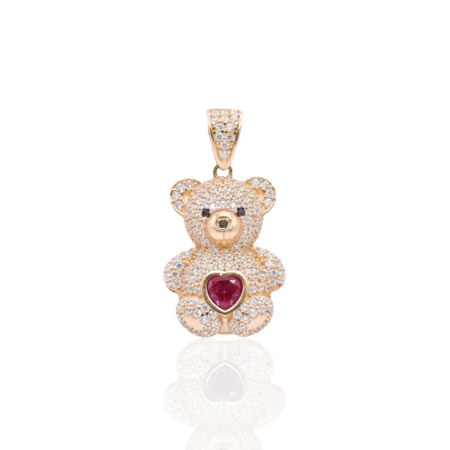 FINAL SALE: Cubic Zirconia and Synthetic Ruby Teddy Bear Pendant 14K Yellow Gold