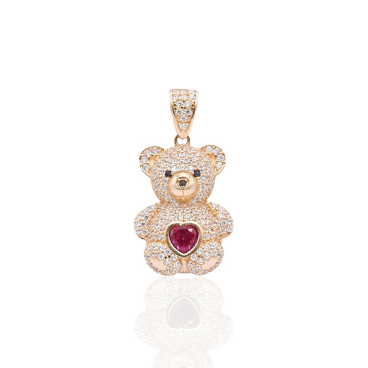 FINAL SALE: Cubic Zirconia and Synthetic Ruby Teddy Bear Pendant 14K Yellow Gold
