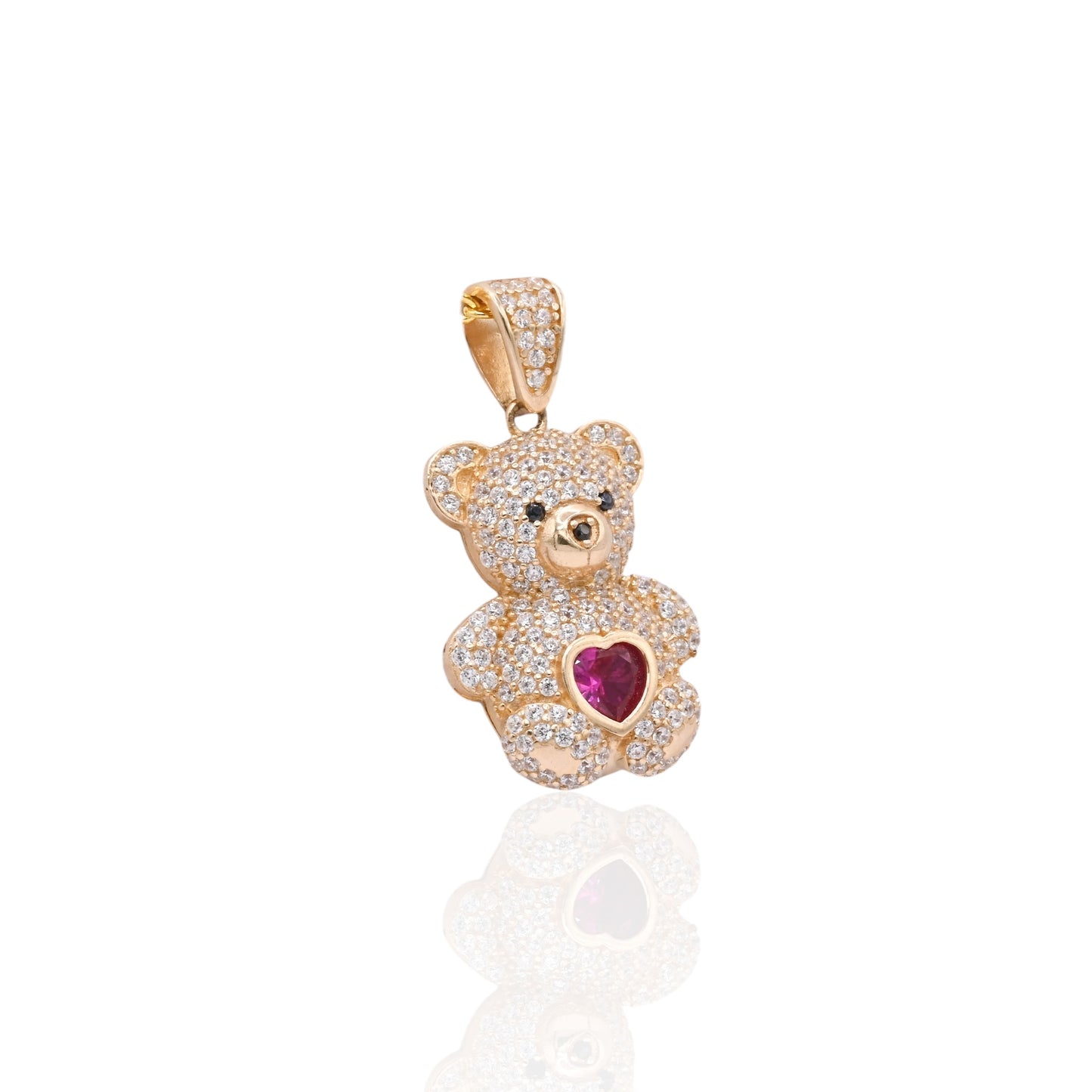 FINAL SALE: Cubic Zirconia and Synthetic Ruby Teddy Bear Pendant 14K Yellow Gold
