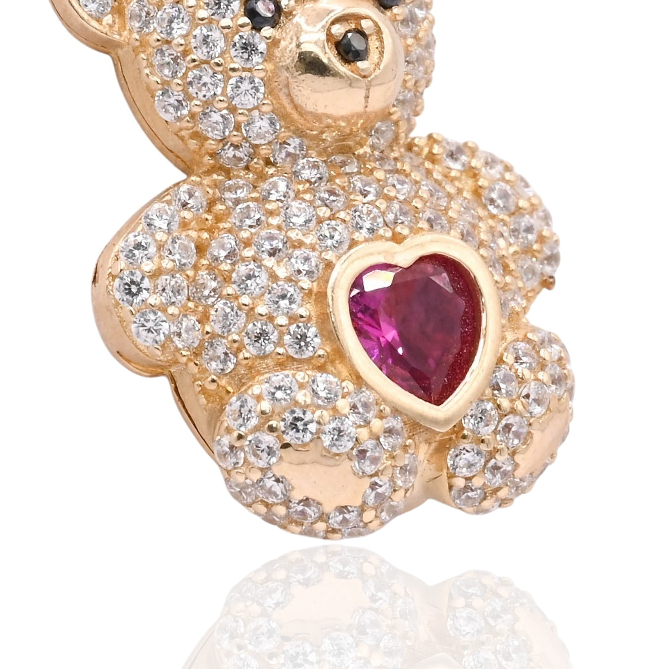 FINAL SALE: Cubic Zirconia and Synthetic Ruby Teddy Bear Pendant 14K Yellow Gold
