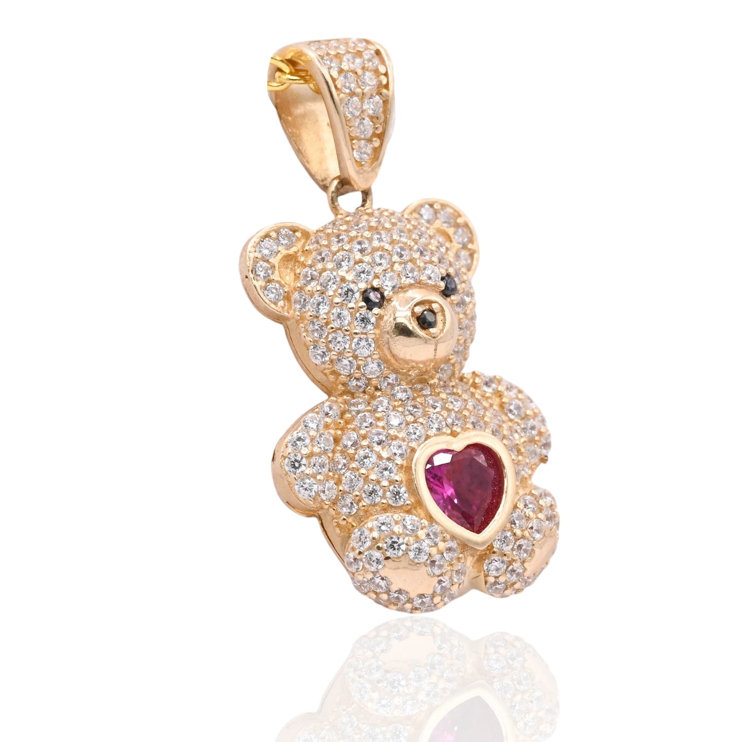 FINAL SALE: Cubic Zirconia and Synthetic Ruby Teddy Bear Pendant 14K Yellow Gold