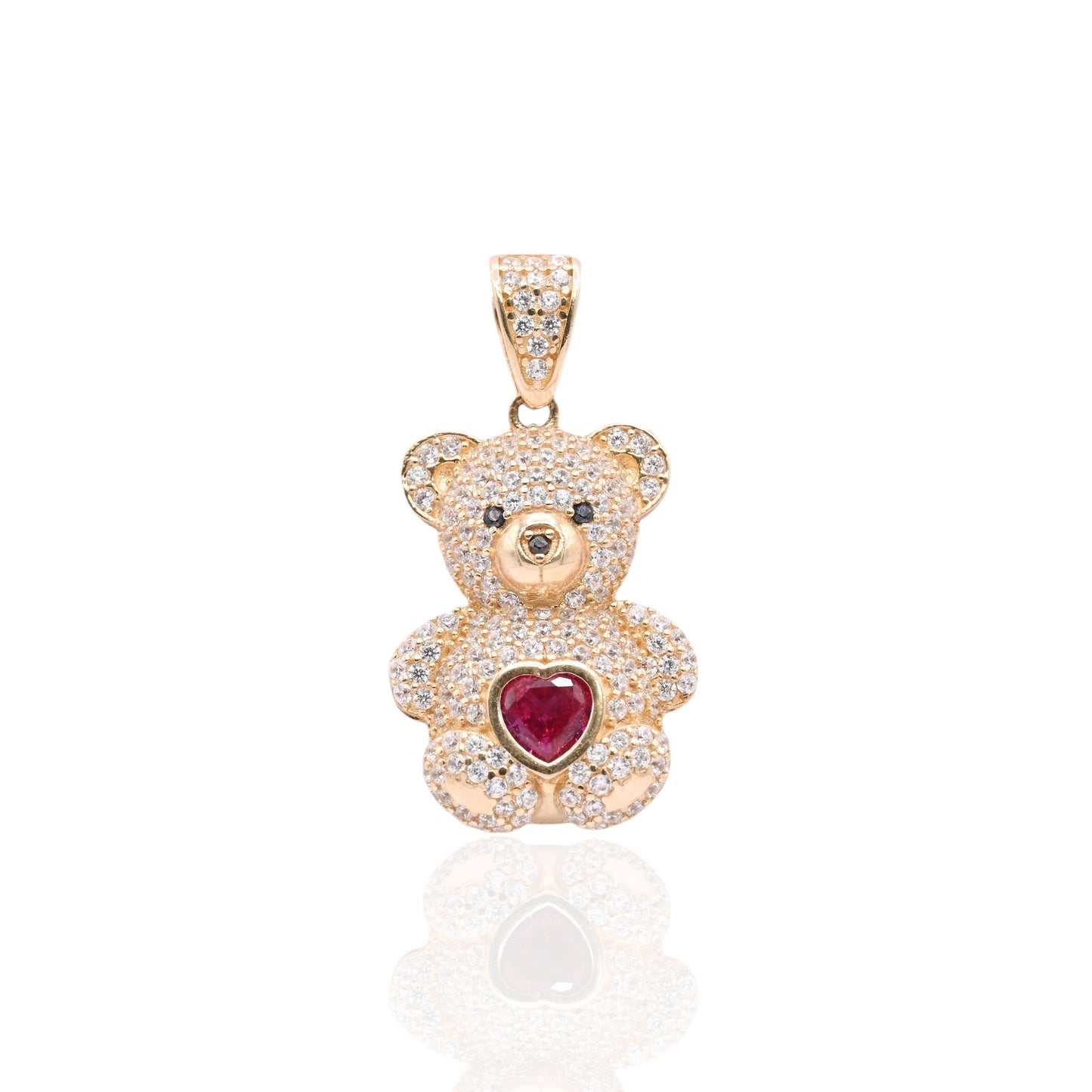 FINAL SALE: Cubic Zirconia and Synthetic Ruby Teddy Bear Pendant 14K Yellow Gold