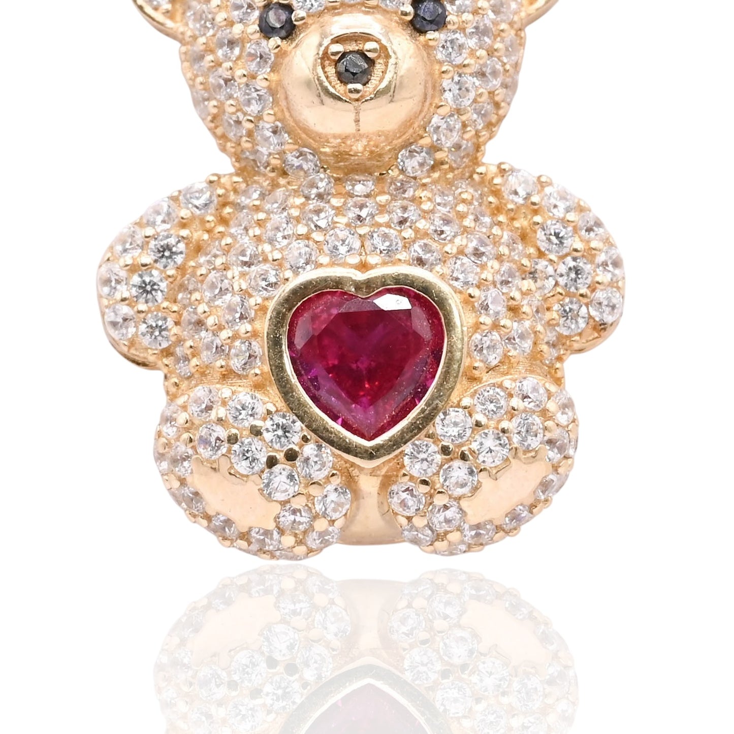 FINAL SALE: Cubic Zirconia and Synthetic Ruby Teddy Bear Pendant 14K Yellow Gold