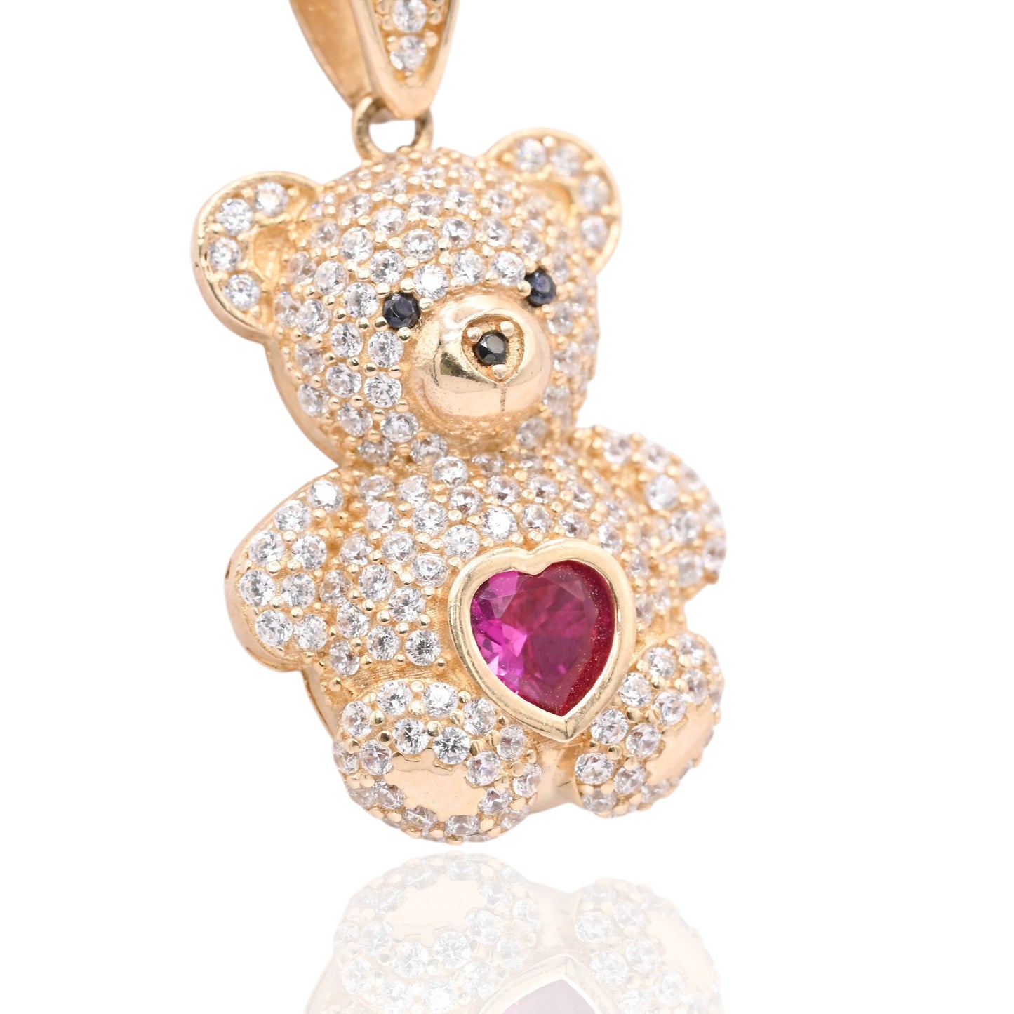 FINAL SALE: Cubic Zirconia and Synthetic Ruby Teddy Bear Pendant 14K Yellow Gold