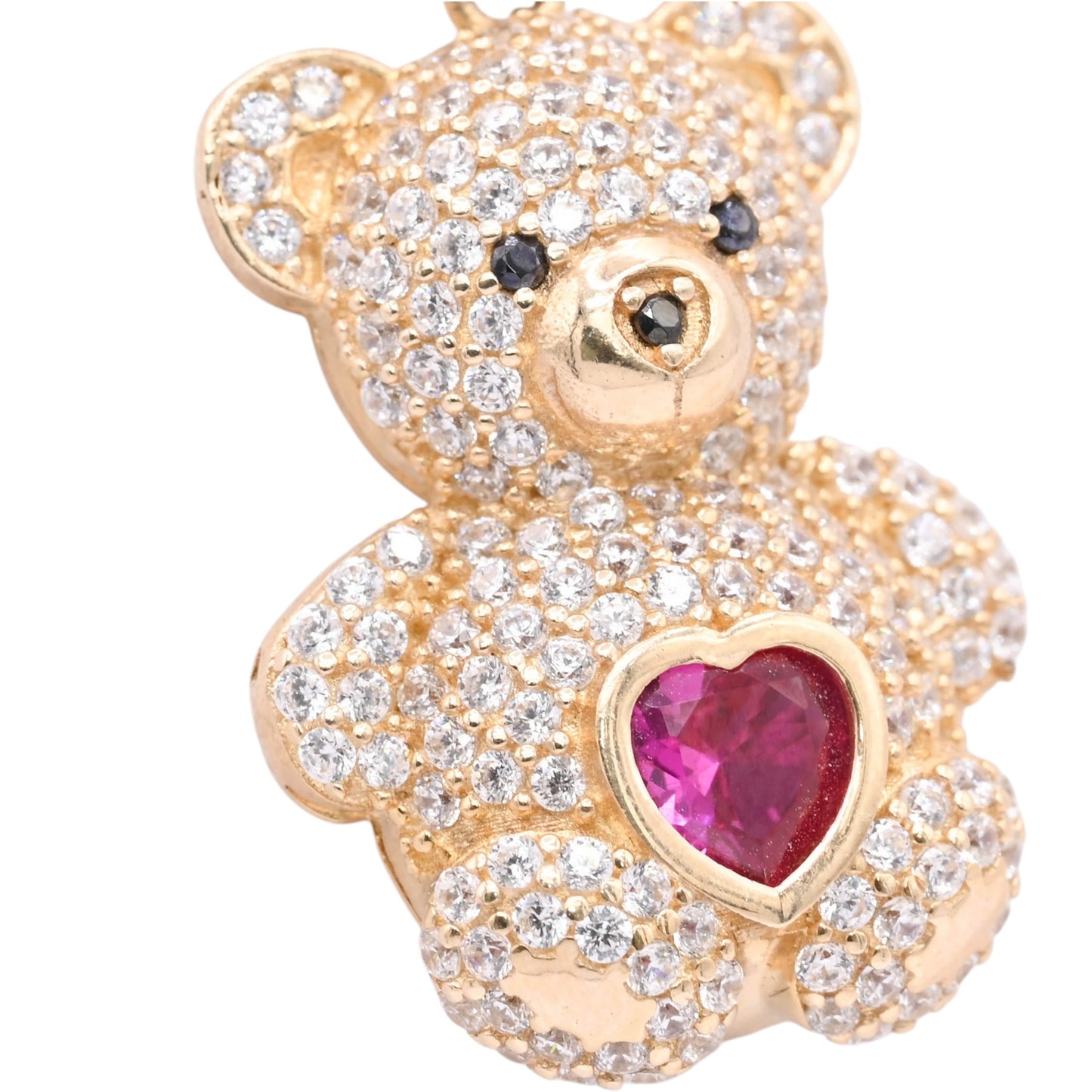 FINAL SALE: Cubic Zirconia and Synthetic Ruby Teddy Bear Pendant 14K Yellow Gold