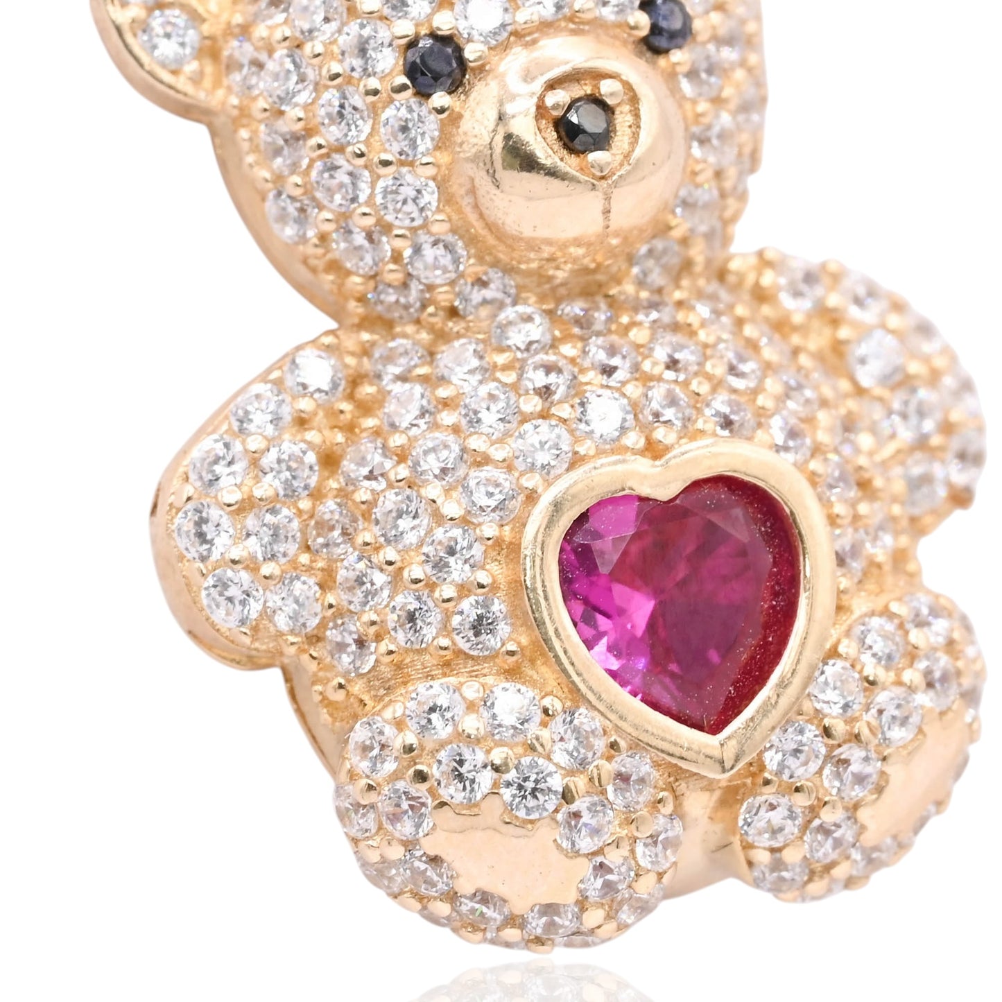 FINAL SALE: Cubic Zirconia and Synthetic Ruby Teddy Bear Pendant 14K Yellow Gold