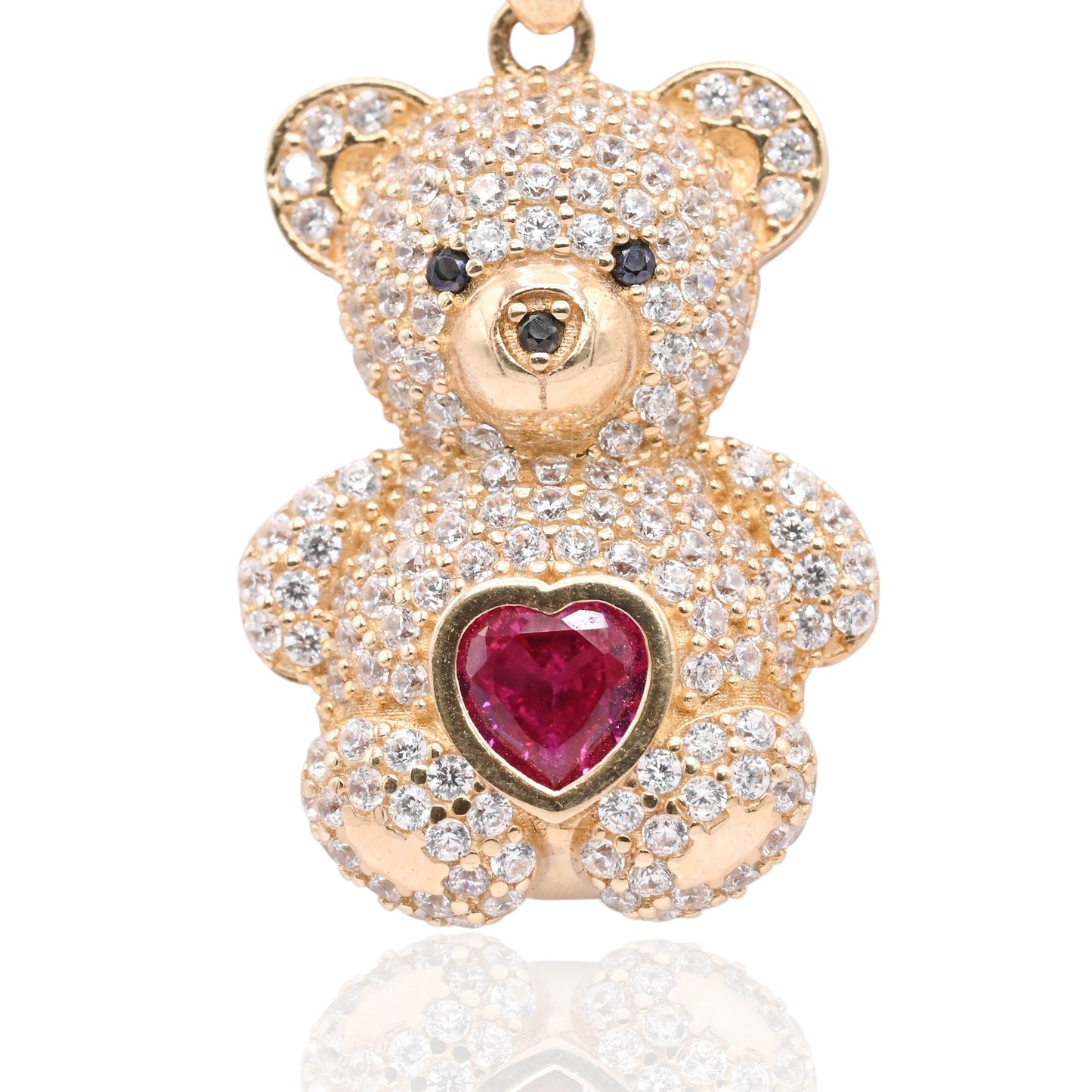 FINAL SALE: Cubic Zirconia and Synthetic Ruby Teddy Bear Pendant 14K Yellow Gold
