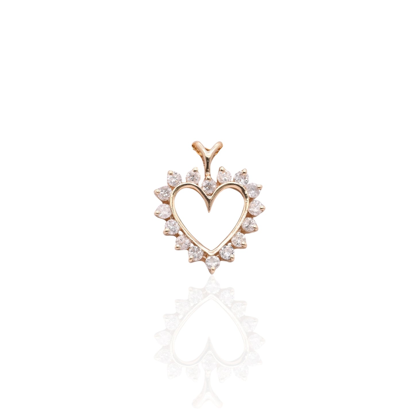 Vintage Style Open Heart Diamond Pendant 14K Yellow Gold with Ribbon Ears 0.40cttw