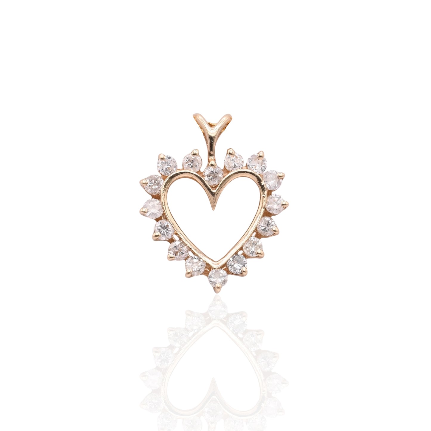 Vintage Style Open Heart Diamond Pendant 14K Yellow Gold with Ribbon Ears 0.40cttw