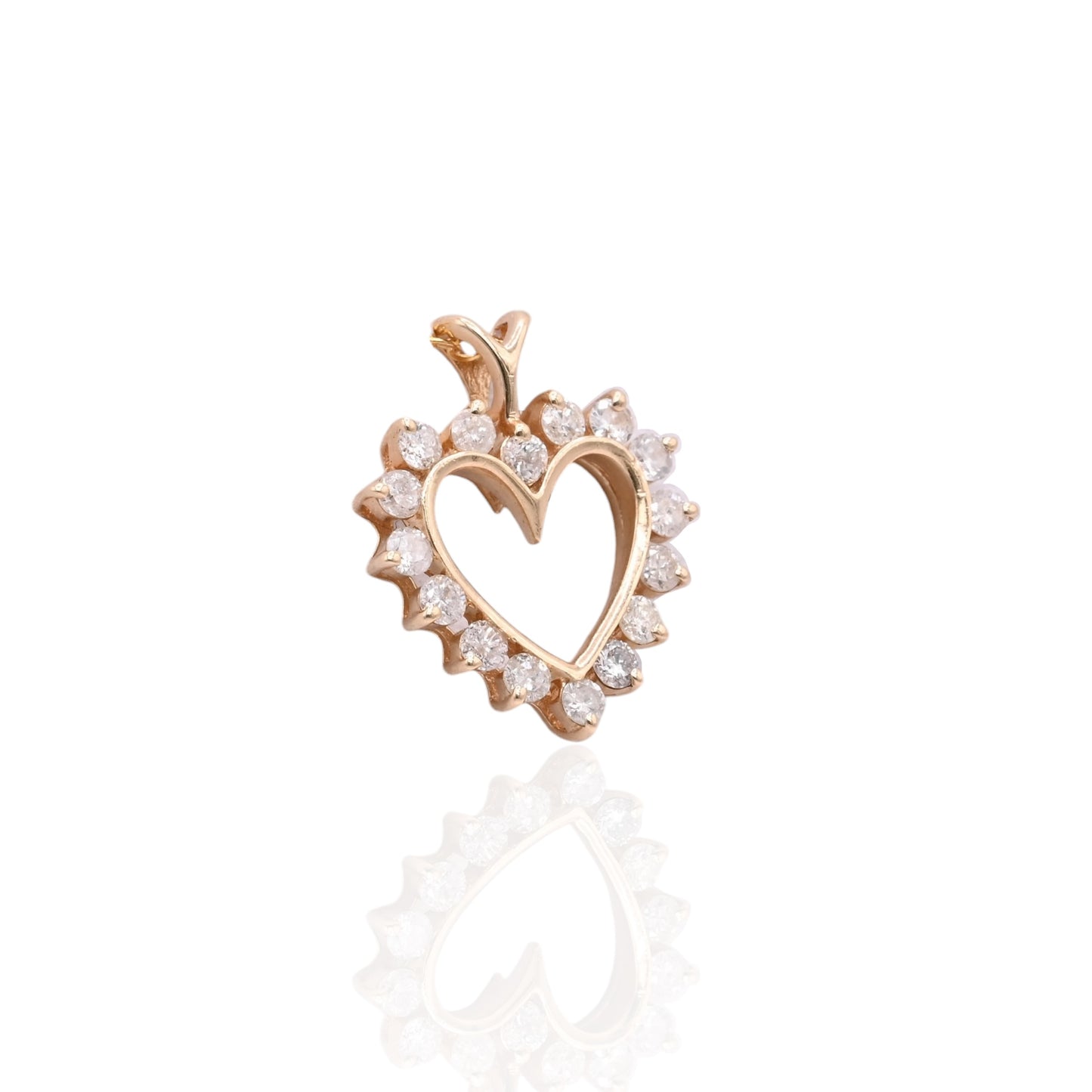 Vintage Style Open Heart Diamond Pendant 14K Yellow Gold with Ribbon Ears 0.40cttw