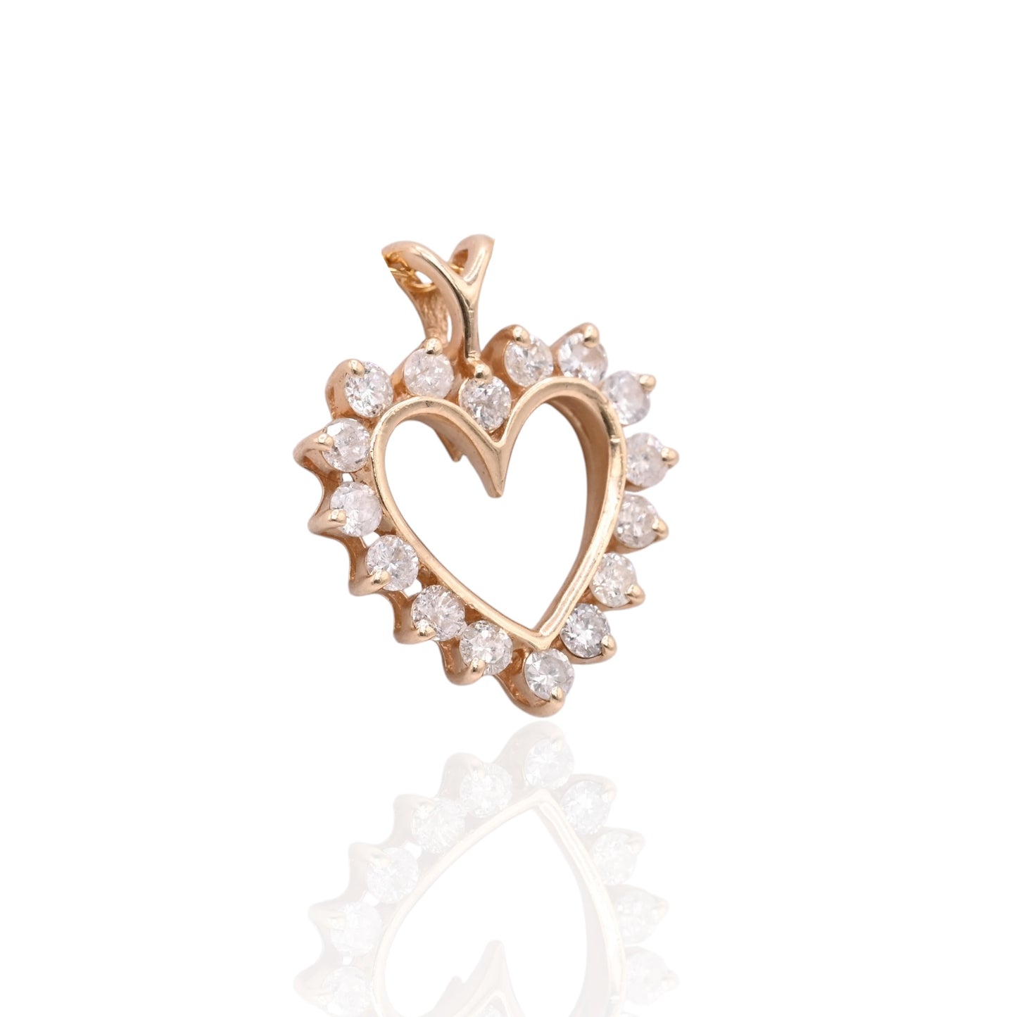 Vintage Style Open Heart Diamond Pendant 14K Yellow Gold with Ribbon Ears 0.40cttw