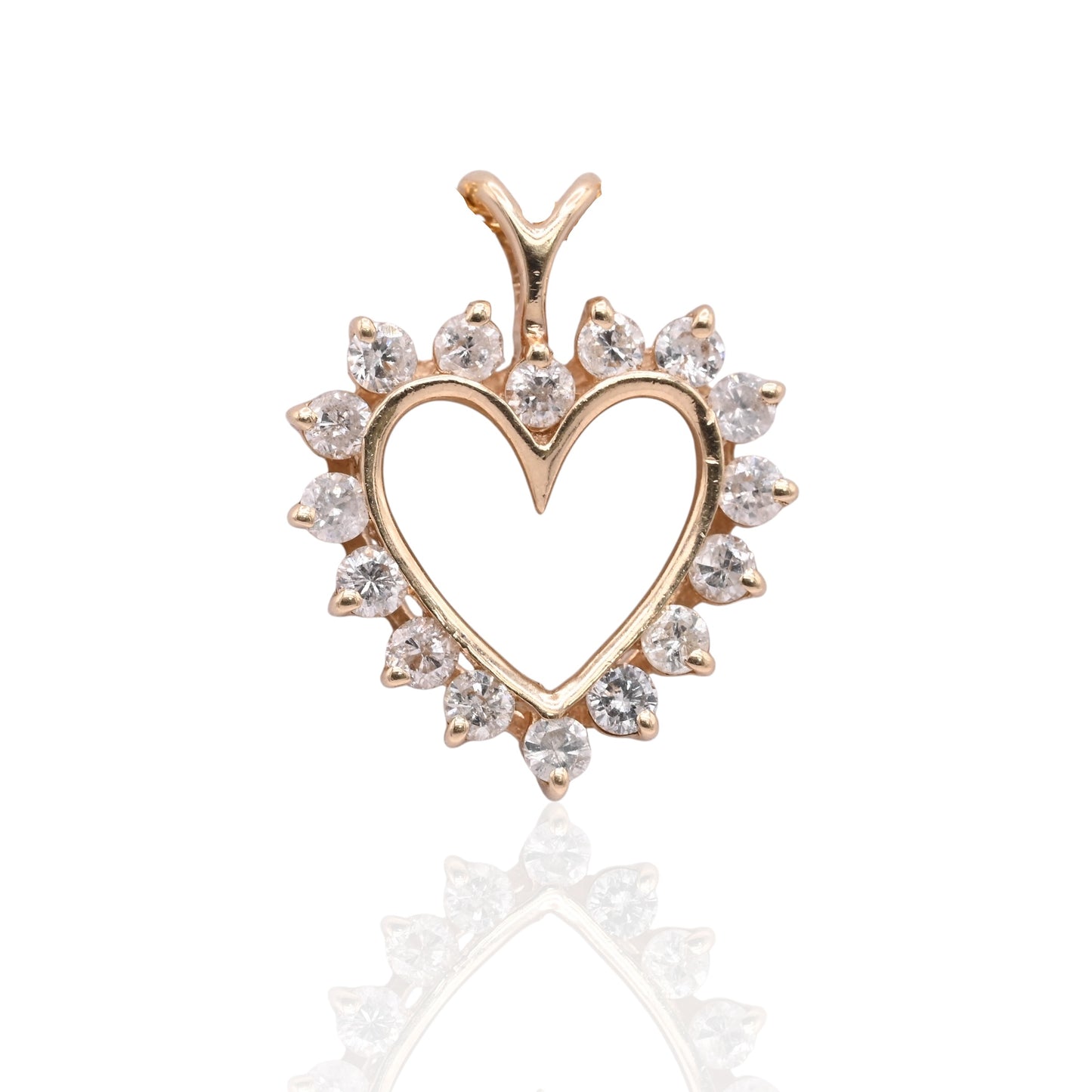 Vintage Style Open Heart Diamond Pendant 14K Yellow Gold with Ribbon Ears 0.40cttw