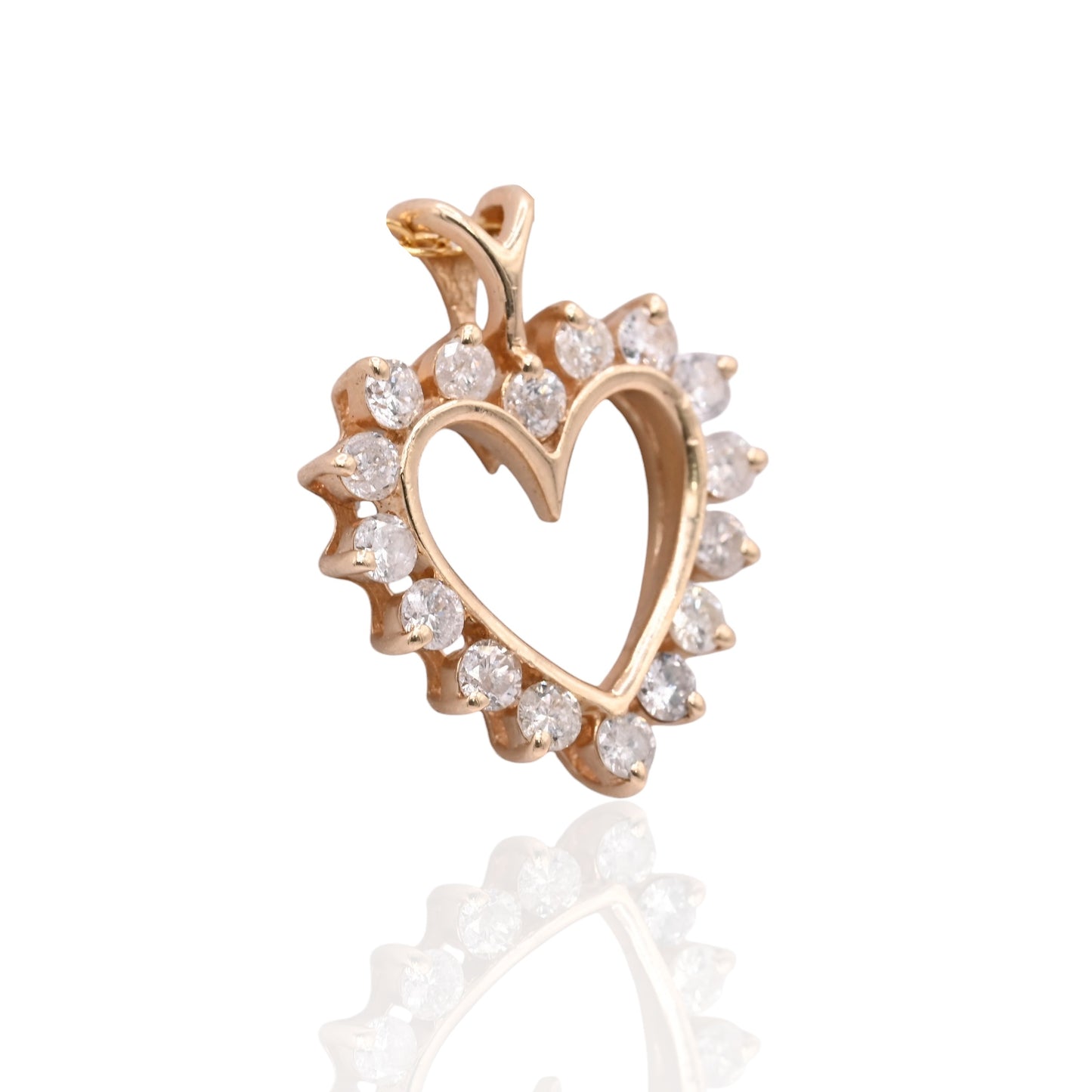 Vintage Style Open Heart Diamond Pendant 14K Yellow Gold with Ribbon Ears 0.40cttw