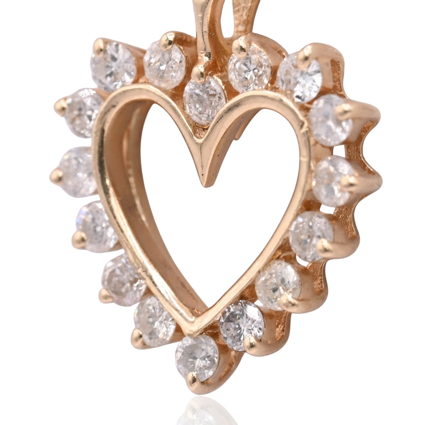 Vintage Style Open Heart Diamond Pendant 14K Yellow Gold with Ribbon Ears 0.40cttw