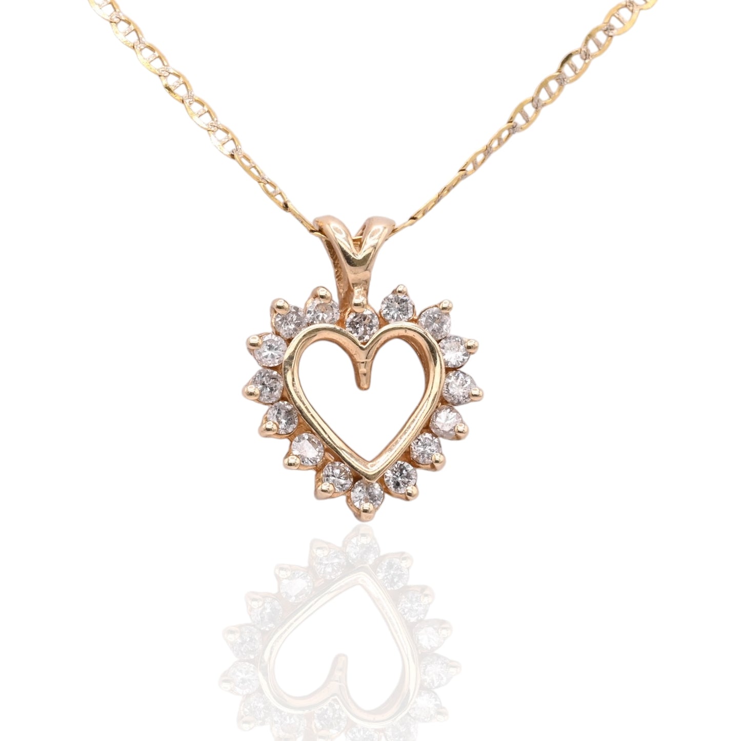 Vintage Style Open Heart Diamond Necklace with Gucci Link Chain 14K Yellow Gold 16in 0.24cttw
